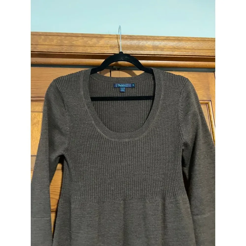 Boden Rib Knit Sweater Dress Brown Midi 3/4 Sleeve Empire Waist Academia SZ 12R